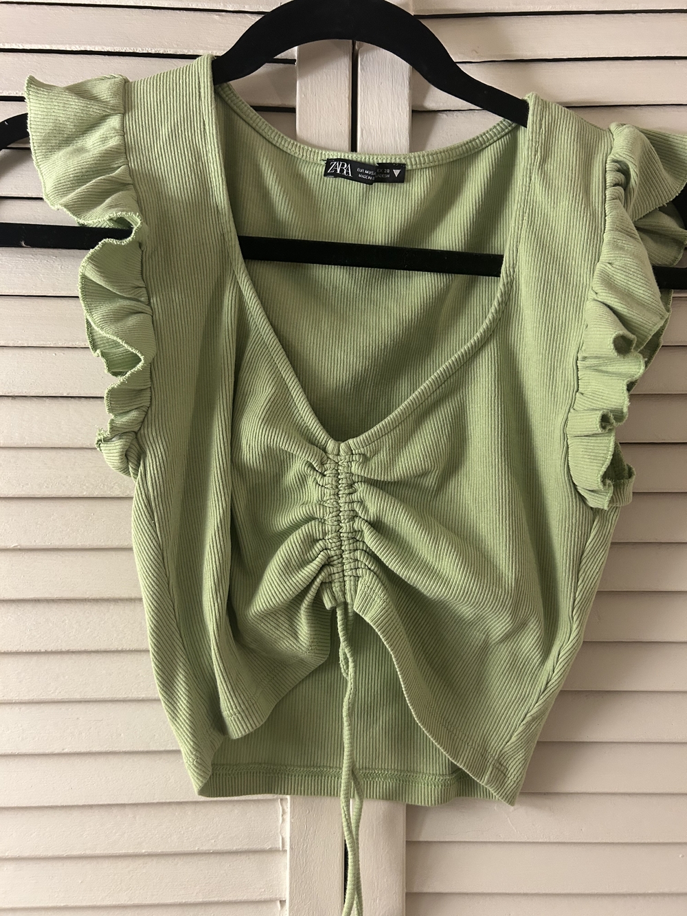 Zara Sage Green Ruffle Sleeve Ruched Crop Top
